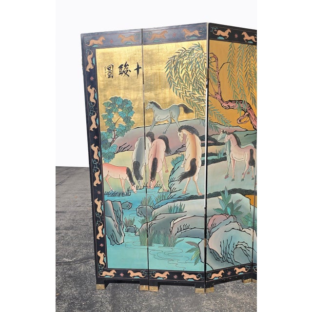 Signed Ten Horses Vintage Chinese Four Panel Screen Gold & Turquoise Shi Jun Tu For Sale - Image 4 of 15