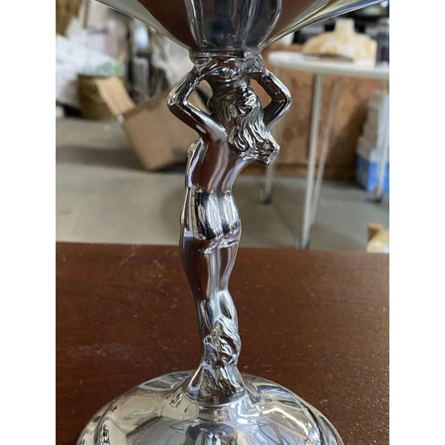 1930s Chrome Farberware Nude Women Art Deco Compote with Amber Glass Cup For Sale - Image 9 of 11