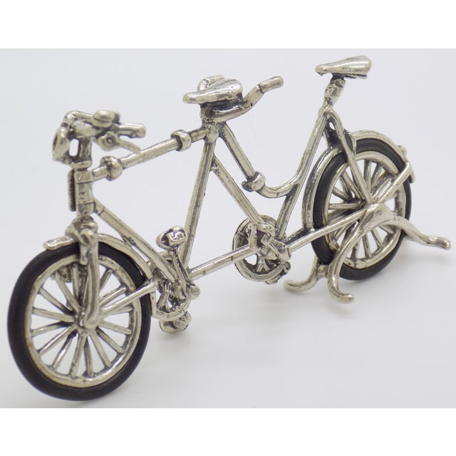 1980s Vintage Italian Handmade Genuine Silver & Rubber Wheels Large Tandem Bicycle Miniature Figurine Made in Arezzo Tuscany For Sale - Image 5 of 10