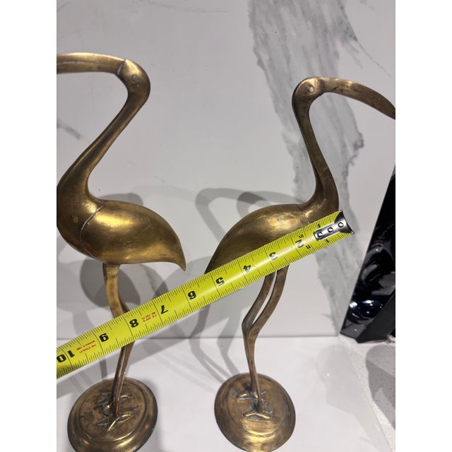 1990s A Pair of Vintage Solid Brass Crane Figurines Standing Gracefully on Round Bases With a Warm, Aged Patina. For Sale - Image 5 of 12