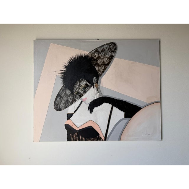 Large 1980s Postmodern Art Deco Style Woman Portrait Acrylic on Canvas Painting – Signed For Sale - Image 15 of 16