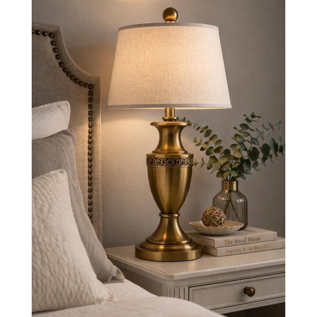 Pair of Antiqued Brass-Tone Urn Table Lamps With Linen Shades – 27" Transitional Neoclassical Lighting For Sale In Los Angeles - Image 6 of 6
