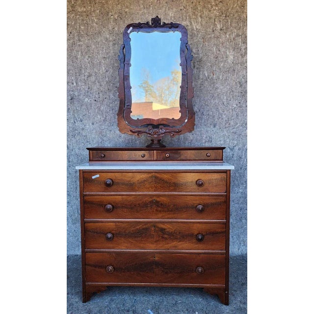 Wood Mahogany Marble Top 6 Drawer Dresser With Kidney Mirror For Sale - Image 7 of 8