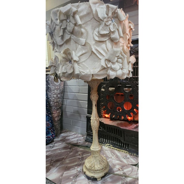 Set of 2 Contemporary Shabby Chic Candlestick Table Lamps With Textured Fabric Flower Shades Cottage Couture For Sale - Image 6 of 9