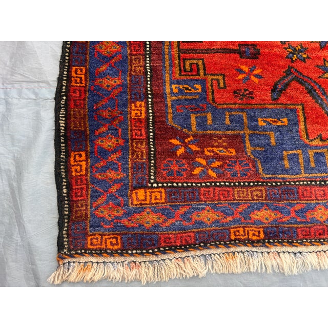 2'10 X 3'10 Ft Vintage Afghan Hand-Knotted Tribal Rug Red Blue Geometric Pattern Rug For Sale - Image 10 of 12
