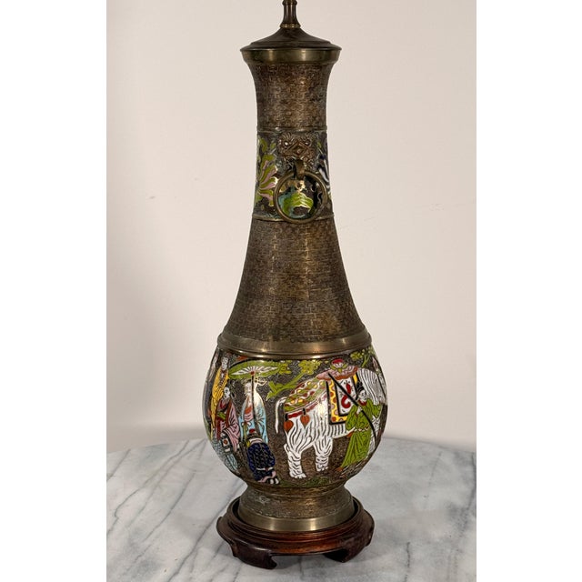 Mid 20th Century Mid 20th Century Chinese Cloisonne Brass Vase Table Lamp With Figural and White Elephant Decoration For Sale - Image 5 of 15