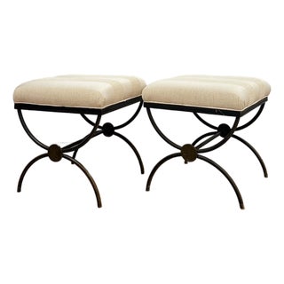 Pair of Swain Style Designer Metal and Beige Upholstered Footstools, High Point For Sale