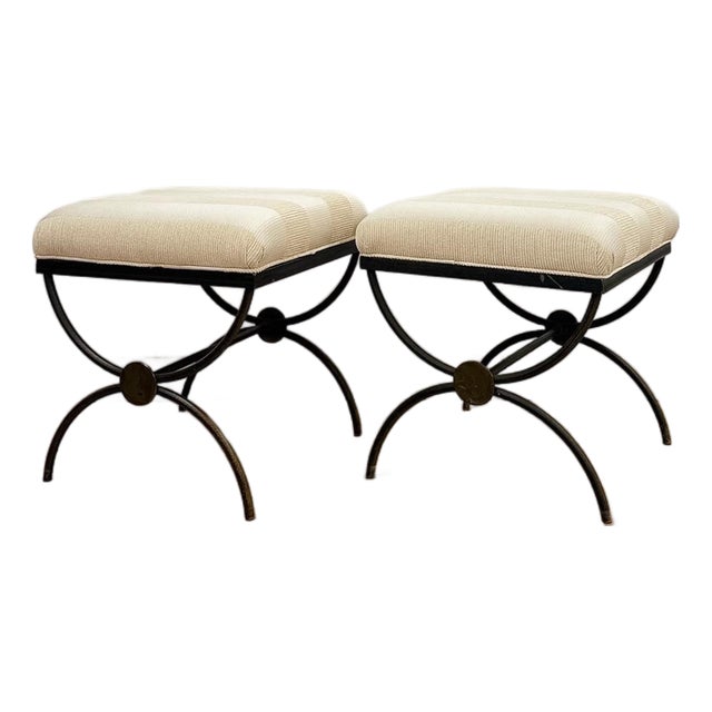Pair of Swain Style Designer Metal and Beige Upholstered Footstools, High Point For Sale
