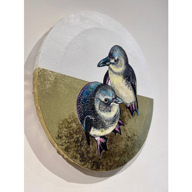 Anastasia Gklava, Baby Penguins, Oil Painting with Gold Leaf on Round Canvas, 2025 For Sale - Image 14 of 18
