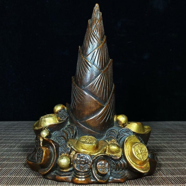 Metal Vintage Chinese Gilt Bronze Bamboo Shoot & Coin Sculpture - "Rising Fortune" Motif For Sale - Image 7 of 9
