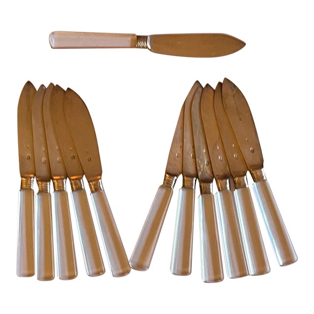 Antique 1920 French Art Deco Jacques & Pierre Cardeilhac Sterling Silver Fruit Knives With Glass Handles - Set of 12 For Sale