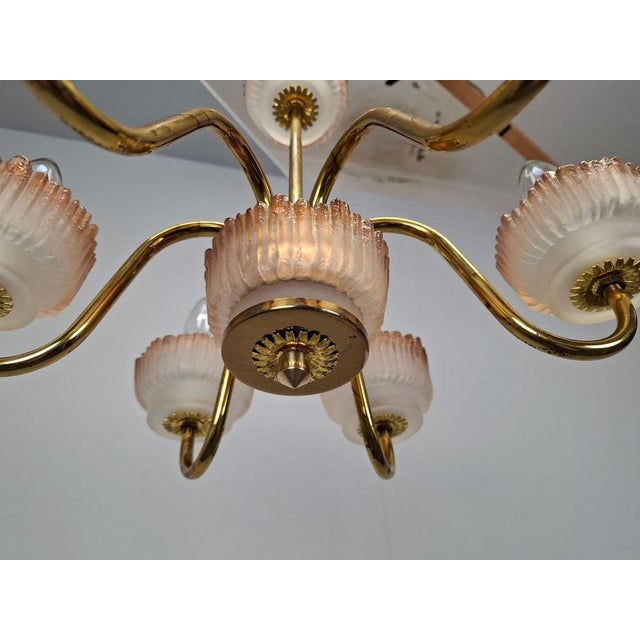 Gold Mid-Century Czech Brass and Frosted Glass 6-Arm Chandelier, Železný Brod, 1960s For Sale - Image 8 of 18