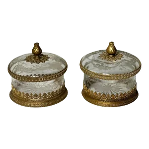 French Antique Etched and Faceted Crystal Lidded Boxes With Bronze Ormolu, Pair