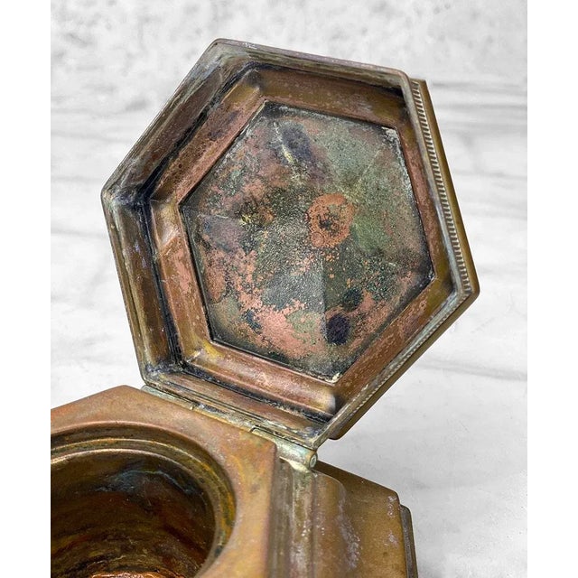 Antique Traditional Brass Hexagonal Fountain Pen Desk Inkwell For Sale - Image 6 of 8
