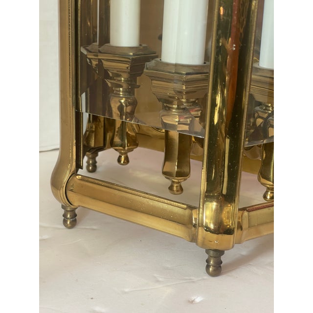 1970s Pair of Heavy Pagoda, Bronze & Beveled Glass Three Lights Wall Lanterns For Sale - Image 5 of 12