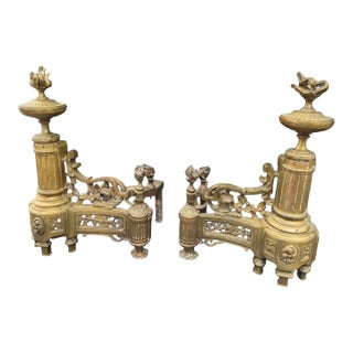 Pair of Antique French Victorian Ornate Cast Metal Fireplace Chenet Andirons For Sale