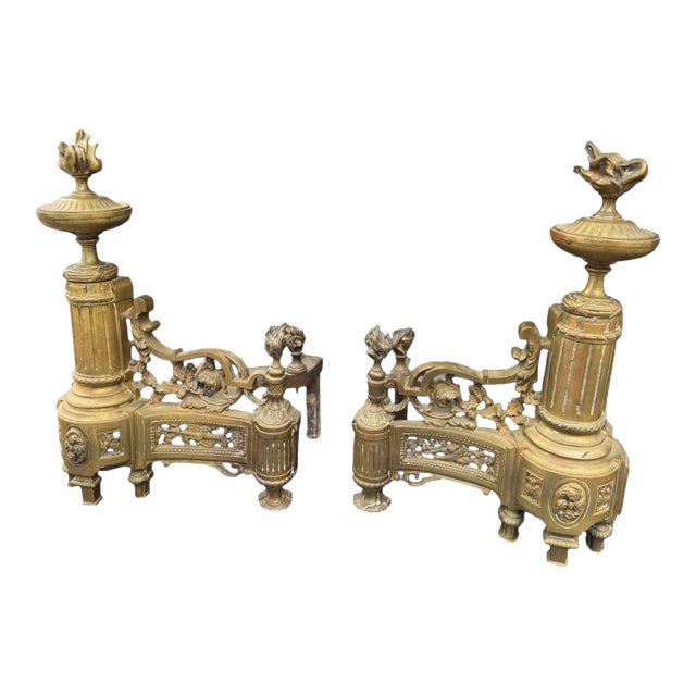 Pair of Antique French Victorian Ornate Cast Metal Fireplace Chenet Andirons For Sale