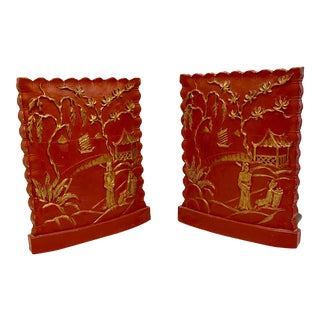 Vintage Japanese Motif Syroco Red and Gold Bookends - a Pair For Sale