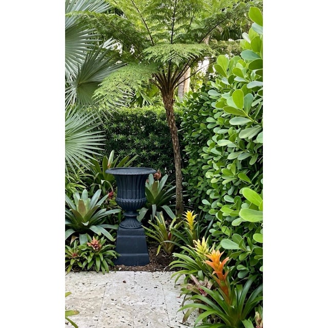 Metal 1970s French Neoclassical Style Fluted Cast Iron Garden Urn on Plinth Pedestal For Sale - Image 7 of 10