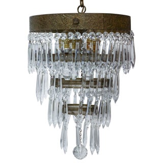 Large 3-Tiered Brass Fixture With Cut Crystal For Sale