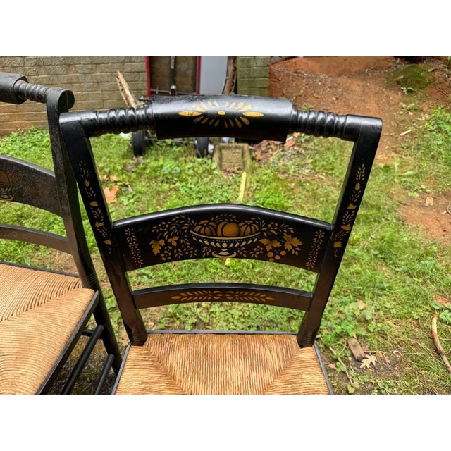 Mid 20th Century Set of 8 Hitchcock Style Black Painted Stenciled Dining Side Chairs With Rush Woven Seats For Sale - Image 10 of 15