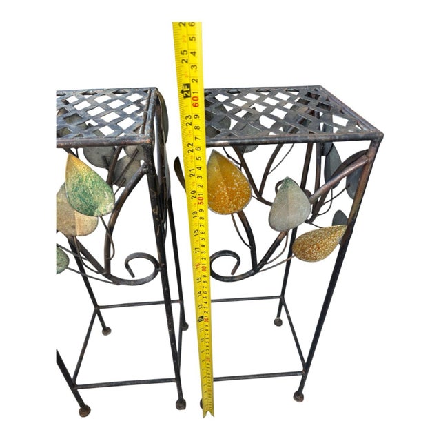 Mid 20th Century Mid-Century Botanical Wrought Iron & Enamel Leaf Vintage Plant Stands, Pair Salterini Style For Sale - Image 5 of 7