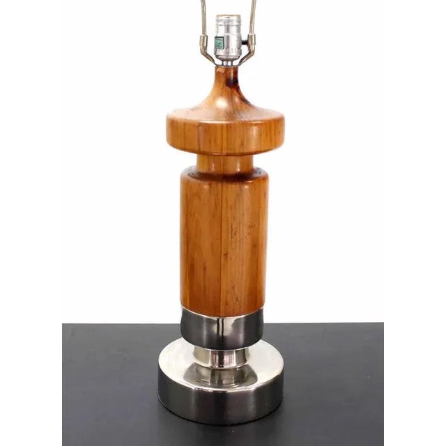 Mid 20th Century Heavy Turned Teak and Chrome Base Figural Table Lamp For Sale - Image 5 of 8