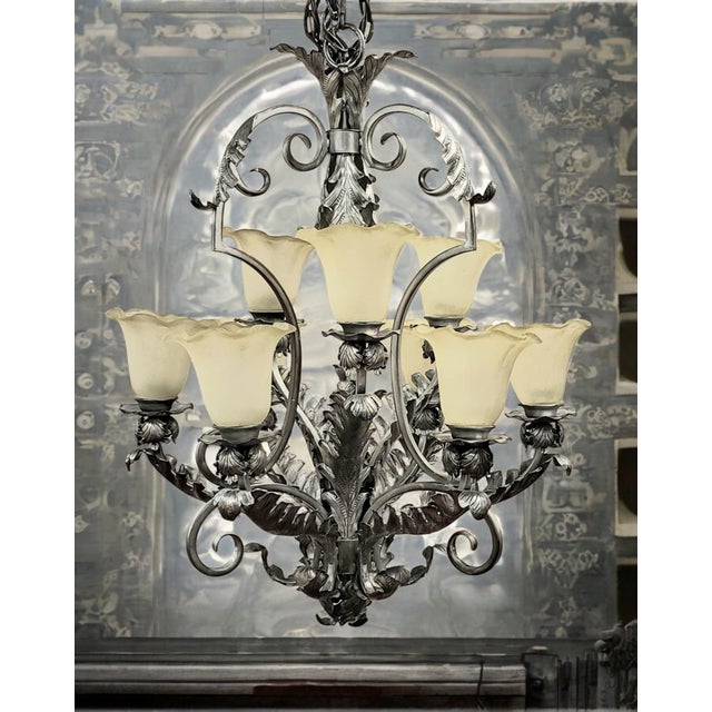 Mid 20th Century French Art Deco 9-Light Hand-Forged Wrought Iron Acanthus Chandelier For Sale - Image 14 of 18