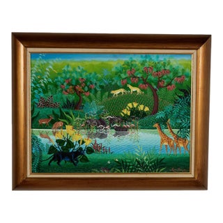 Vintage Haitian Painting of a Jungle Scene With Animals For Sale