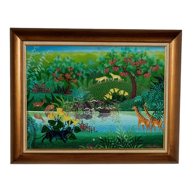 Vintage Haitian Painting of a Jungle Scene With Animals For Sale