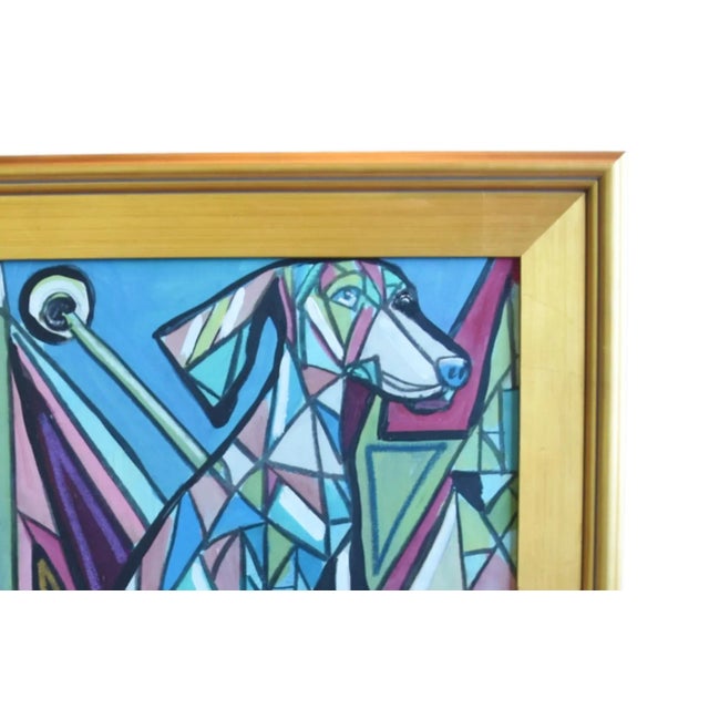 Blue Contemporary Modern Listed Artist Cubism Dog Painting W/ Antiqued Gold Wood Frame For Sale - Image 8 of 9