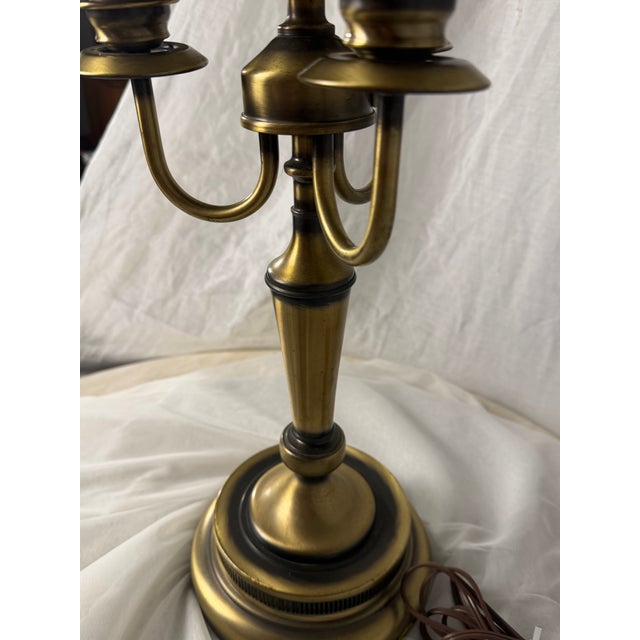 Mid 20th Century 1960s French Neoclassical 3-Arm Brass Bouillotte Table Lamp With Pierced Tole Shade For Sale - Image 5 of 12