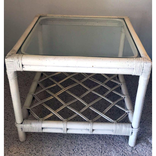 Chippendale 1990s White Rattan Ficks Reed Style Side Table With Latticed Lower Shelf For Sale - Image 3 of 11