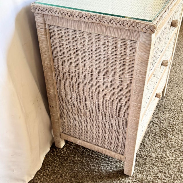 Wood 1980s Boho Chic White Washed Wicker Glass Top Chest of Drawers For Sale - Image 7 of 7