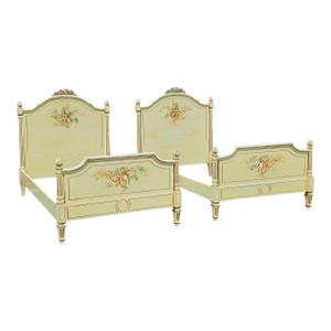 Pair Louis XVI Style Parcel Gilt and Painted and Decorated Twin Size Beds