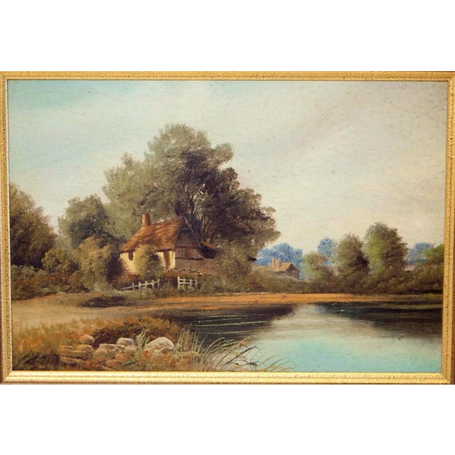 An original 1930s English impressionist landscape painting on board, depicting a tranquil, bucolic thatched cottage along...