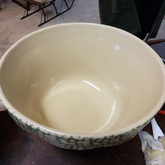 A Huge 14" Robinson Ransbottom Mixing Bowl/Vintage Stoneware 8 Quart Bowl is i green spatterware.