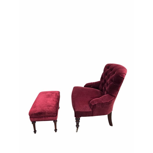 Late 19th Century Late 19th Century French Napoleon III Button-Tufted Lounge Chair & Ottoman in Original Red Velvet For Sale - Image 5 of 12
