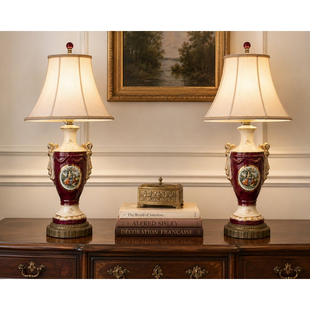 A charming pair of vintage porcelain table lamps featuring rich ruby-red grounds accented with cream porcelain, gilt...