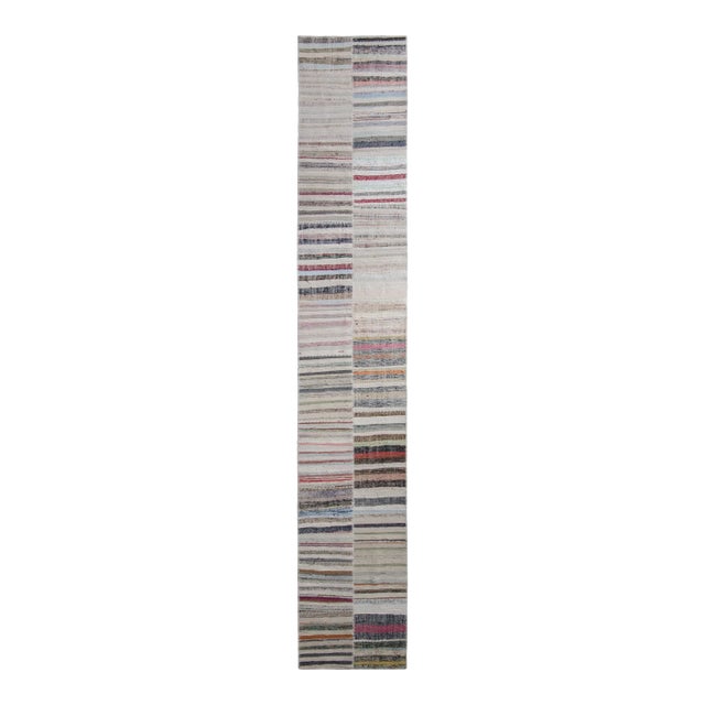 Rug & Kilim's Modern Patchwork Kilim Runner in Gray Multi-Color Stripe Pattern For Sale