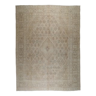 Antique Distressed Tribal Rug – Handwoven Wool on Cotton, Neutral Beige Geometric Medallion Area Carpet - 9' 8'' X 12' 7'' For Sale