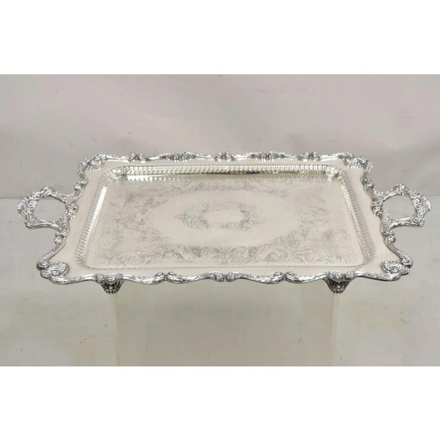 Vintage English Silver Mfg Large Victorian Ornate Silver Plated Serving Platter Tray. Item features a pierced gallery,...