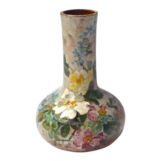 Antique Hand-Painted Majolica Floral Vase For Sale