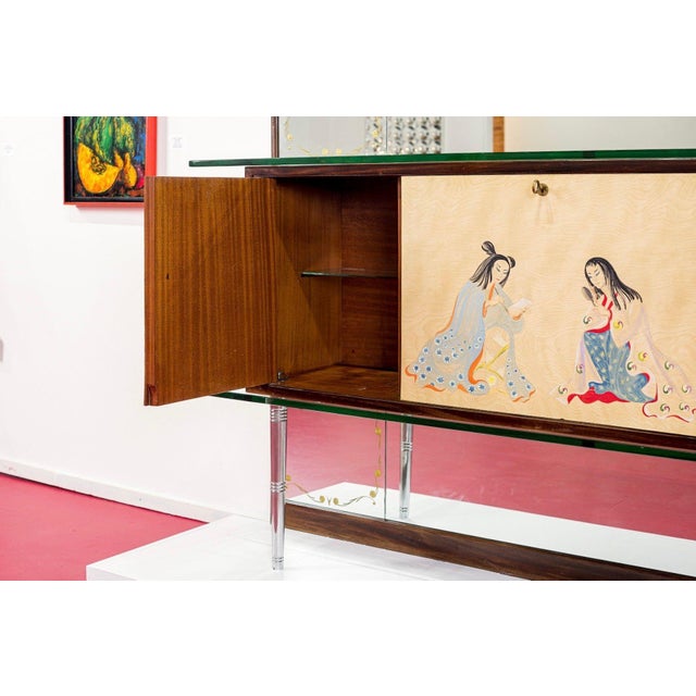 Mid Century Mirrored Bar Cabinet Credenza With Asian Motif, Made in Italy For Sale - Image 12 of 15