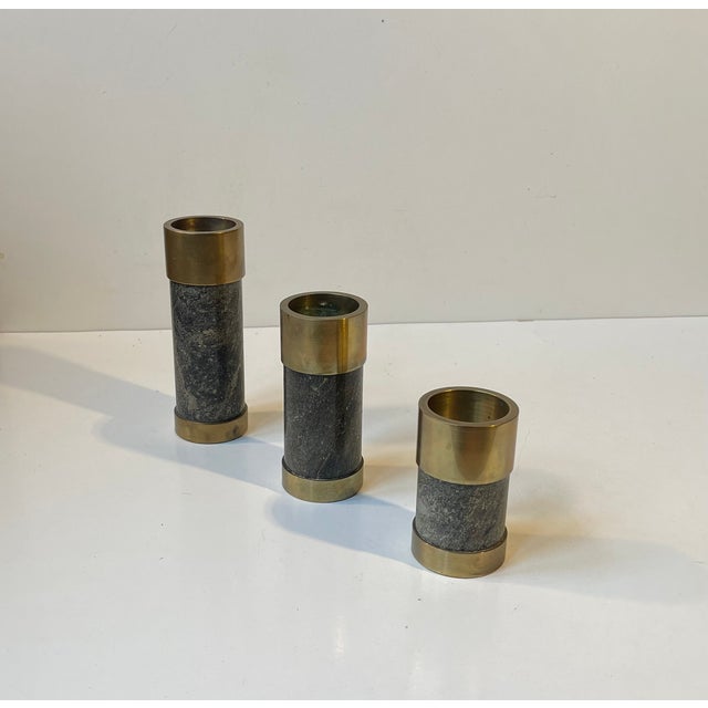 Mid-Century Natural Stone and Brass Candleholders from Saulo Norway, 1960s, Set of 3 For Sale - Image 4 of 8