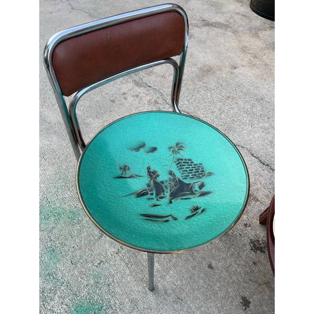 Large Vintage Asian Teal Hand Painted Decorative Tray For Sale In Atlanta - Image 6 of 10