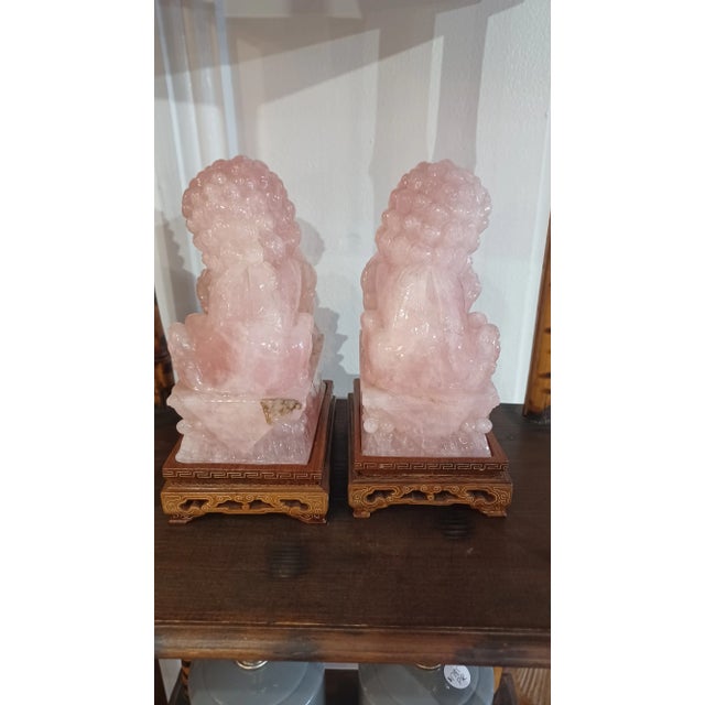 Vintage Pair of Rose Quartz Foo Dogs on Wooden Stand For Sale - Image 4 of 5