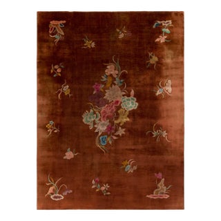 Hand-Knotted Vintage Chinese Art Deco Rug, Brown, Medallion Floral Pattern For Sale