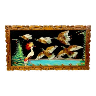 1950s Vintage Mexican Folk Art Original Feather Bird Mixed Media Acrylic Painting. For Sale