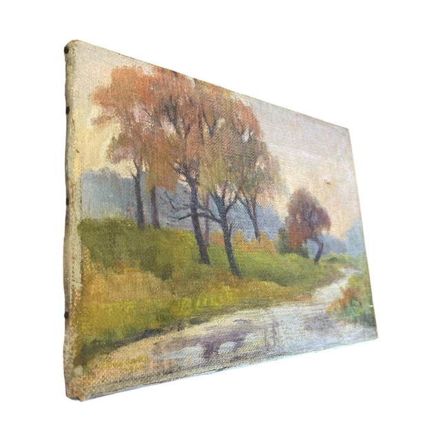 Possibly antique landscape painting on canvas depicting a winding country road or river surrounded by trees and open...
